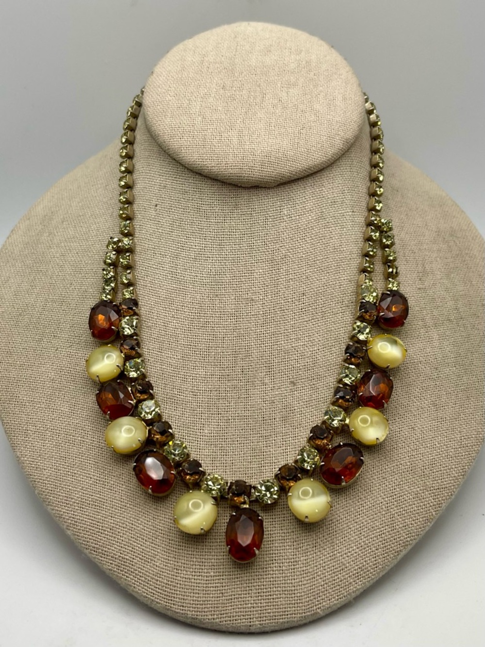 Stunning Vintage Marvella Topaz Crystal and Faux Moonstone Bib Necklace Signed